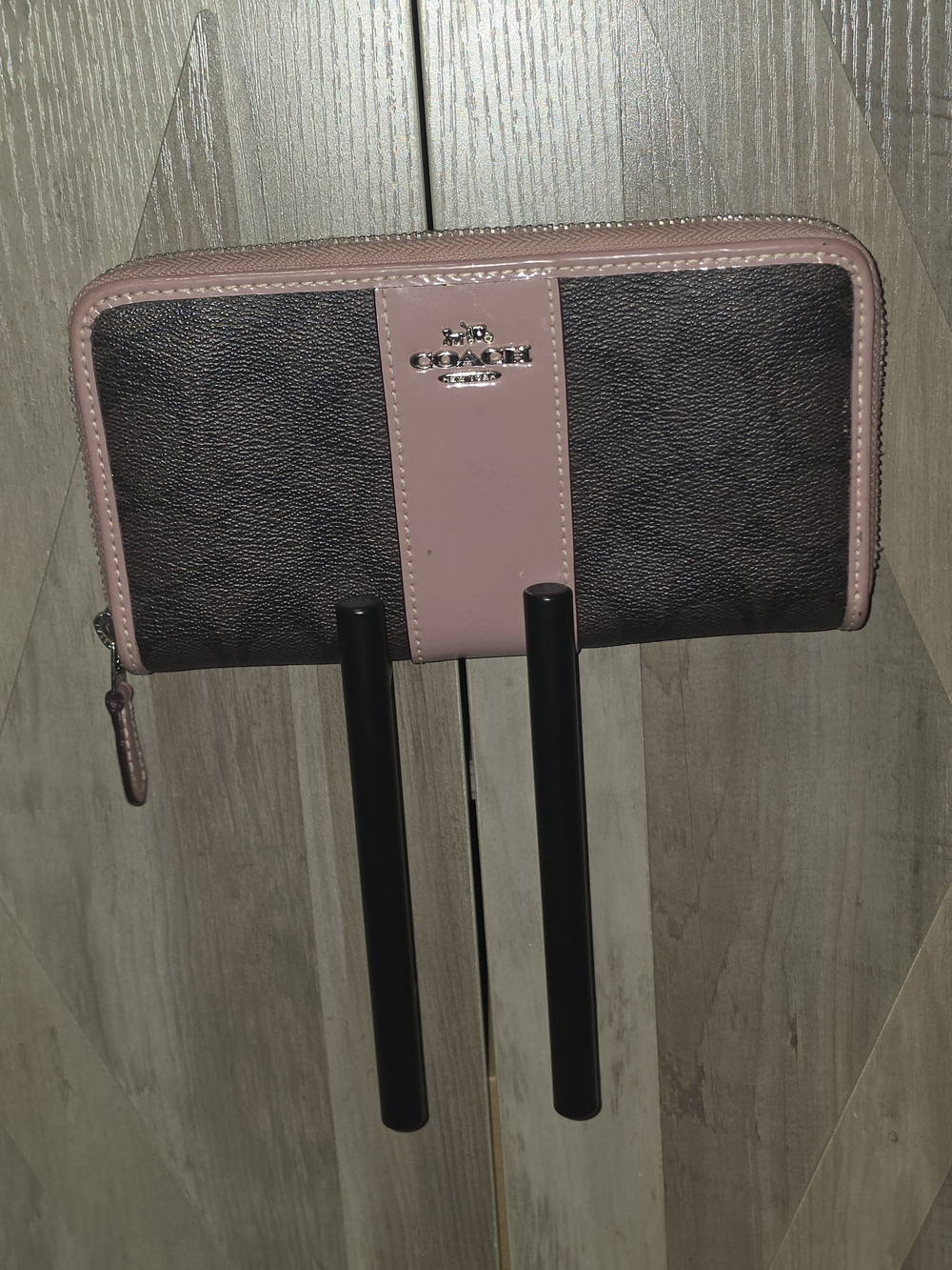 Coach Brown Signature Zip Around Wallet with Pink Trim